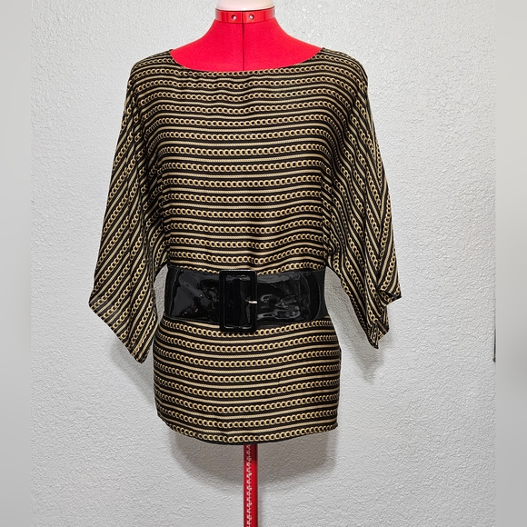 Michael Kors Black Chains Links Print Boat Neck Short Sleeve Large - Picture 2 of 10